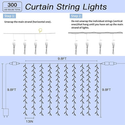 300 LED Curtain String Lights 9.8FT Plug in Fairy Lights with Timer and 8 Modes, Waterproof Window Wall Lights for Bedroom Wedding Party Indoor Outdoor Christmas Decor