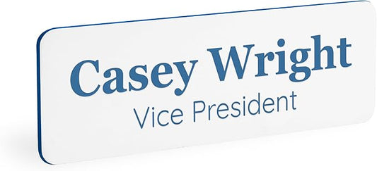 ExcelMark Custom Name Tag - Engraved Name Badge with Pin or Magnetic Backing, 16 Colors, 6 Fonts, and 2 Sizes to Choose from (White w/Blue Letters, 1"x 3")