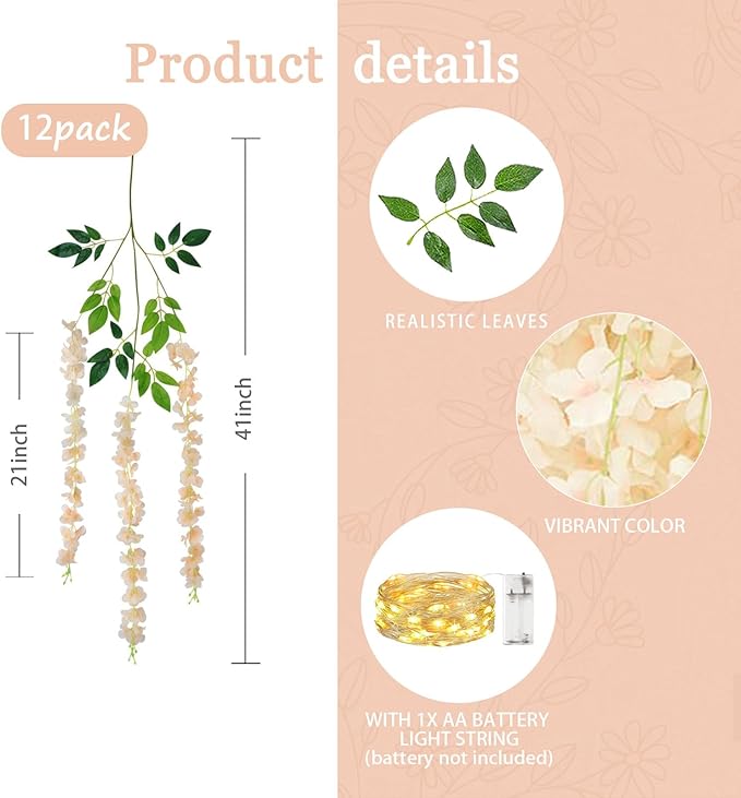 12 Pack Champagne Wisteria Hanging Flowers Garland with Lights, 3.44 Feet Artificial Flower Vines, Fake Wisteria, Artificial Vines Hanging Garland for Backdrop Outdoor Patio Garden Decor
