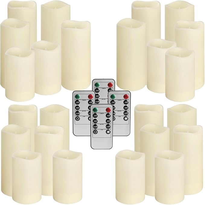 pliadvbu Flameless Pillar Candles with 4 Remote Control and Timer,Realistic Waterproof LED Candles, Long Lasting, Pack of 24 (H 4" 5" 6" x D 2.2"),for Christmas Decorations,Table,Aniversary