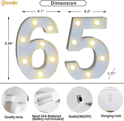 Pooqla Decorative LED Light Up Number Letters, White Plastic Marquee Number Lights Sign for 65th Birthday Party Wedding Decor, Battery Operated (65)