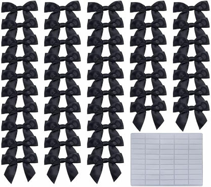 2.5" Hgzgch Black Satin Ribbon Bow for Gift Wrapping, Premade Bows for Crafts, Cake, Party Favors, Handmade Bows with Double-Sided Tape, Self Adhesive Gift Bows for Presents, Treats, Christmas - 50pcs