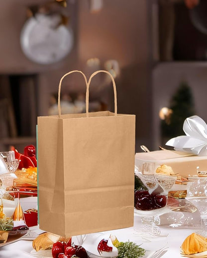 qiqee 100-Packs Brown Paper Gift Bags with Handles Bulk 8.26"×6"×3.15" Small Size Gift Bags Multiple Uses