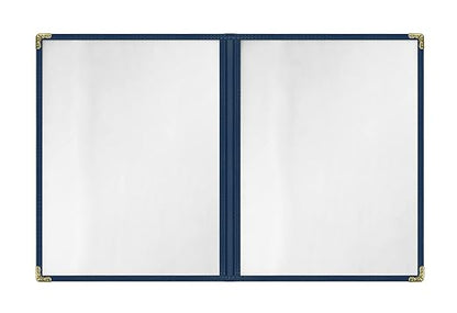 Goodsmart Restaurant Menu Covers - 25 Pack Blue 8.5" x 11", 2-Page/4-View, Side-Loading Vinyl Menu Holders, Clear Sleeves, Double-Stitched Edge, Leather-Style Café Menu Covers with Gold Corners