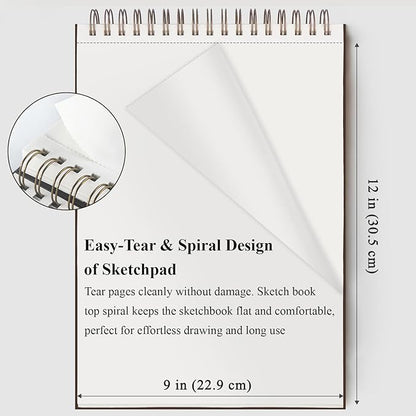 Fuxi 9" x 12" Sketch Book, Top Spiral Bound Sketch Pad, 100 Sheets 68lb/100gsm Acid-Free Drawing Paper, Art Sketchbook for Drawing Pad for Kids Artists & Beginners Professional Art Supplies for Adults