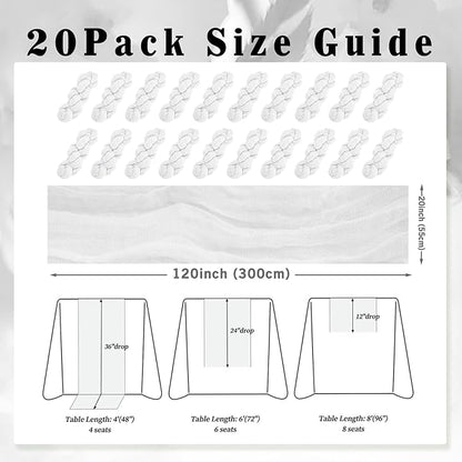 10FT 20 Pack White Cheesecloth Table Runner 20 x 120 Inch Long Rustic Gauze Cheese Cloth Table Runner for Wedding Bridal Baby Shower Table Decorations Boho Fabric Sheer Birthday Party Table Decor