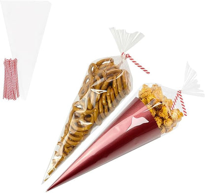 EKAPACKAGING 100Pcs 6x10 Inches Clear Cone Shaped Treat Cellophane Bags Twist Tie Triangle Christmas Party Favor Cotton Candy Bags With Ties For Popcorn, Chocolates, Ice Cream Cone