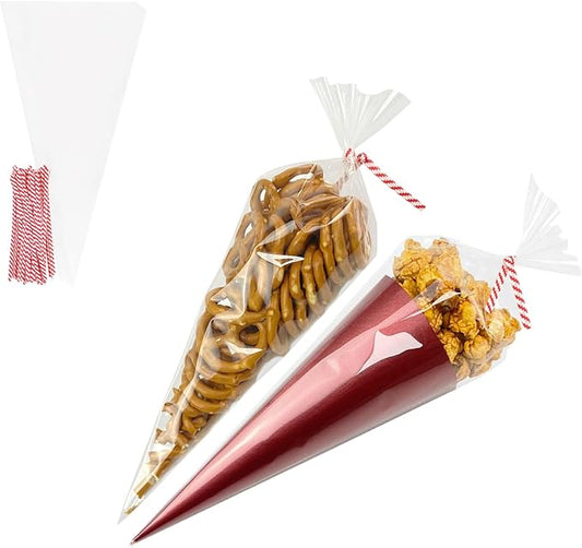EKAPACKAGING 100Pcs 6x10 Inches Clear Cone Shaped Treat Cellophane Bags Twist Tie Triangle Christmas Party Favor Cotton Candy Bags With Ties For Popcorn, Chocolates, Ice Cream Cone