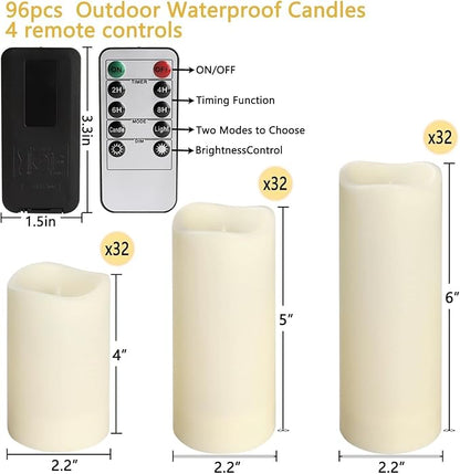 Set of 96 Waterproof Outdoor Flameless Candles, LED Candles with 4 Remote and Timer,(H 4" 5" 6" x D 2.2"),for Halloween Wedding Festival