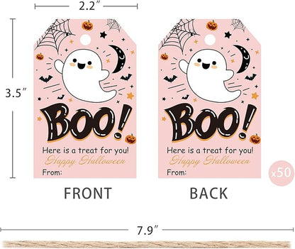 Aukolass 50Pcs Boo Gift Tags, Halloween Treat Tag for Spooky Girl Ghost Party Favor and Gift Wrapping Decoration (Pink Boo)