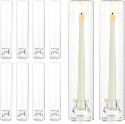 NUPTIO Candlestick Holder Bulk for Centerpiece: Set of 10 Hurricane Glass Taper Candles Holder - Clear Candle Stick Stand with Tall Cylinder Shade for Fall Thanksgiving Christmas Party Decor