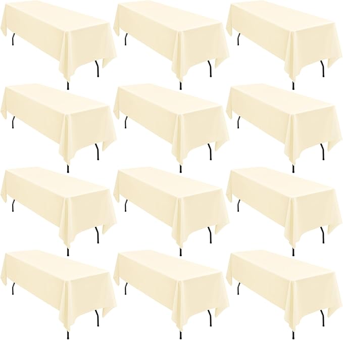 12 Pack 60 x 126 Inch Tablecloth, Beige Polyester Tablecloth for 8 Ft Rectangle Tables, Washable Fabric Table Cover for Wedding Party Dining Buffet Parties or Camping