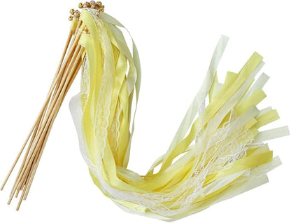 30pcs Lace Ribbon Stick Wands Christmas Birthday Party Streamers Wands Fairy Stick for Wedding Activities (Yellow+Lace)