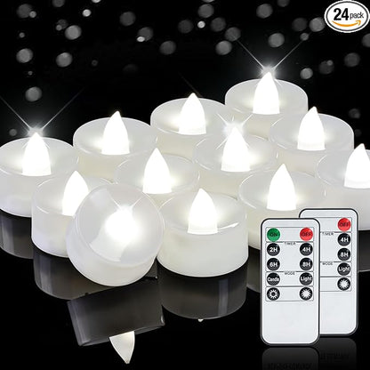 Homemory 24pcs Flameless LED Tea Lights with Remote & Timer, 400+Hours Realistic Flickering Battery Candles for Seasonal, Tabletop, and Centerpieces Decor