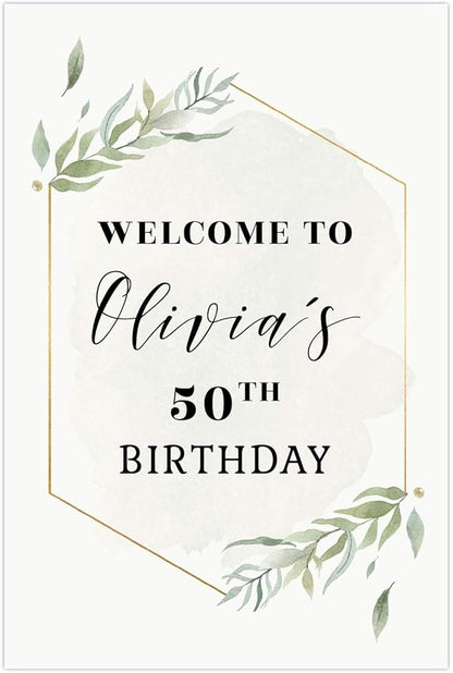 Andaz Press Personalized Extra Large Birthday Easel Board Party Sign, 12x18-inch, Modern Black, Gold with Green Leaves Florals, Welcome to Olivia's 50th Birthday, 1-Pack, Custom Name Age
