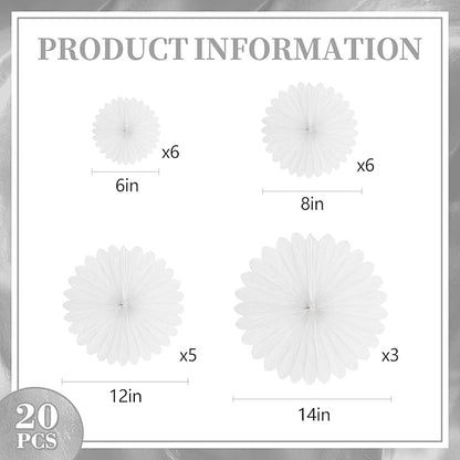 20 Pcs White Hanging Paper Fan, Hanging Honeycomb Round Paper Fans for Weddings, Birthdays, Christmas, Baby Showers, Classroom, Events Ceiling Party Supplies Decorations