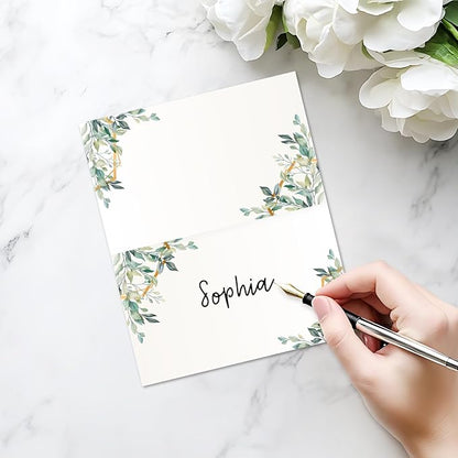25 Pack Greenery Place Cards, Editable Name Cards for Table Setting, Tent Cards Food Label for Dinner Party, Bridal Shower, Wedding, Baby Shower and Events -T08