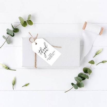 Andaz Press 100-Pack Thank You for Celebrating with Us Favor Tags Minimal Modern Cardstock Gift Tags with Bakers Twine for Wedding Baby Shower Bridal Shower Birthday Party Favors 2 x 3.75-Inches