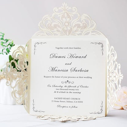 Hosmsua 50PCS Personalized Gold Laser Cut Wedding invitation Cards With Envelopes 6.3 x 6.3 Inch Hollow Lace Rose Invitation Pocket for Engagement Wedding Bridal Shower Invite (Gold Glitter)