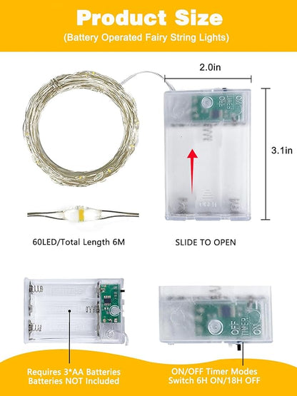 2 Pack 20FT 60LED Battery Operated Fairy Lights with Timer, Waterproof Battery String Lights Outdoor Indoor, Battery Twinkle Light for Bedroom Wedding Birthday Party Chirstmas (Warm White)