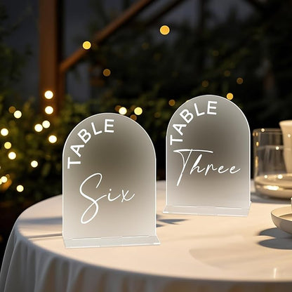 Frosted Arch Wedding Table Numbers 1-25 with Stands, 5x7 Inch Acrylic Arch Sign with Holder for Wedding Reception Table Centerpiece Decoration