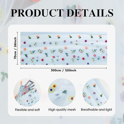 Artoid Mode Blue Embroidery Daisy Gauze Table Runner 120 Inch 10FT, Seasonal Sheer Kitchen Dining Holiday Wedding Birthday Table Decor for Home Party