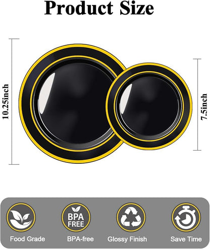200PCS Black Plastic Plates Set with Gold Rim, 100 10.25 inch Dinner Plates and 100 7.5 inch Dessert Plates, Premium Disposable Plates forfor Party, Wedding, Holiday,And Halloween