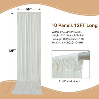 50×12ft Wrinkle Free Ivory Backdrop Curtain for Wedding Parties, 10 Panels 5×12ft Long Soft Silky Polyester Backdrop Drapes Cream Photo Back Drop Curtains for Party Photography Background Cloth