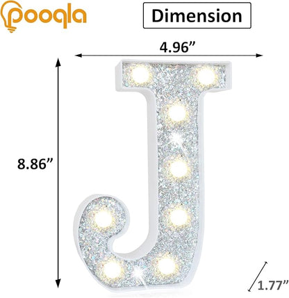 Pooqla Light Up Letters, LED Marquee Letters for Silver Birthday Decorations, Battery Powered Night Light Teenager Girl Room Decor, Gift for Girls Boys Wedding Bedroom Christmas Party Decor, Letter J