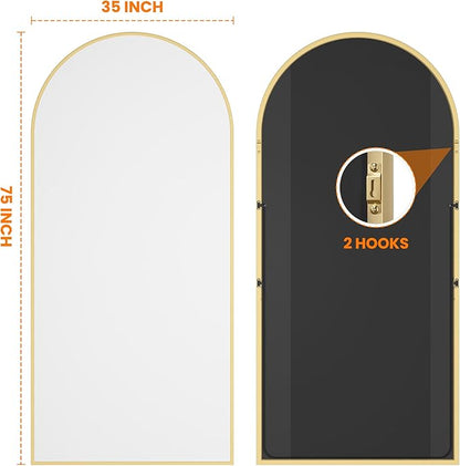 Full Length Arched Mirror, 75"x35" Standing Floor Full Body Mirror for Wall with Aluminum Alloy Frame for Bedroom, Living Room, Dressing Room(Gold)