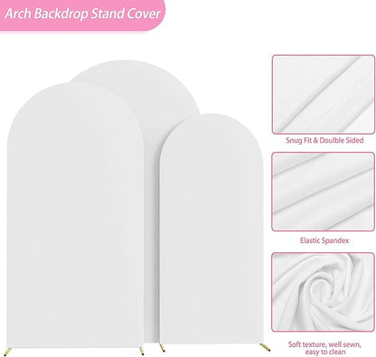 Fomcet Set of 3 Wedding Arch Cover 6FT, 6.6FT, 7.2FT White 2-Sided Round Top Spandex Arch Backdrop Cover Fitted Fabric for Birthday Party Baby Shower Wedding Arch Stand Decoration
