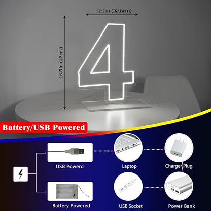 Number 4 Neon Sign for Birthday, 16.54" Cool White USB Battery Powered One Neon Sign for Party Wedding Anniversary Decor Light Sign (Number 4)