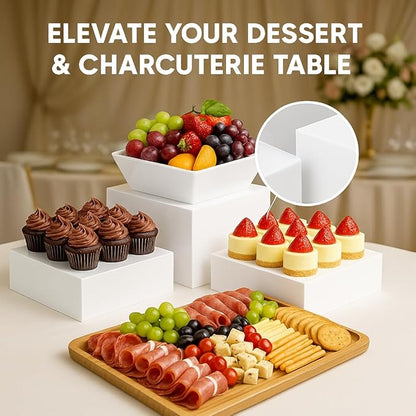 Buffet Risers 4-Pack – White Acrylic Cube Display Stands, Seamless Thick Acrylic Table Risers with Mini Sign Kit, Nesting Dessert, Party, Charcuterie & Retail Displays