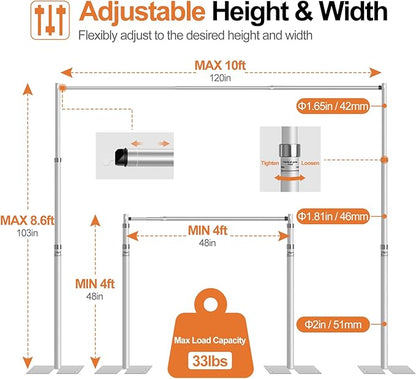 FUDESY Pipe and Drape Backdrop Stand Kit, 8.6x10ft Heavy Duty Backdrop Stand Adjustable Background Frame with Metal Base for Photography Wedding Parties Events Decoration