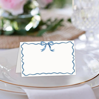 25 Pcs Blue Bow Place Cards, Blank Tent Name Cards for Food Buffet, Dinner Party, Wedding Reception, Bridal Shower Table Setting -08