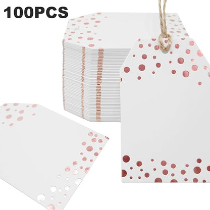100Pcs Rose Gold Gift Tags with String Attached, ASYEHJNR Foil Rose Gold Dot Large Gift Bag Tags Presents with 65 FT Jute Twine, White Paper Gift Tags for Baby Shower, Wedding, Birthday Gift Wrap Tags