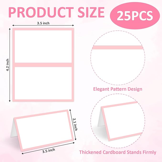 25 Pcs Blush Pink Place Cards, Blank Tent Name Cards for Food Buffet, Dinner Party, Wedding Reception, Bridal Shower Table Setting -02