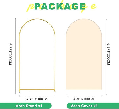 Metal Arch Backdrop Stand and Cover Set, 6.6FT Beige Reusable Spandex Fitted Backdrop Cover and Gold Wedding Arch Frame for Baby Shower, Birthday, Parties Decoration.