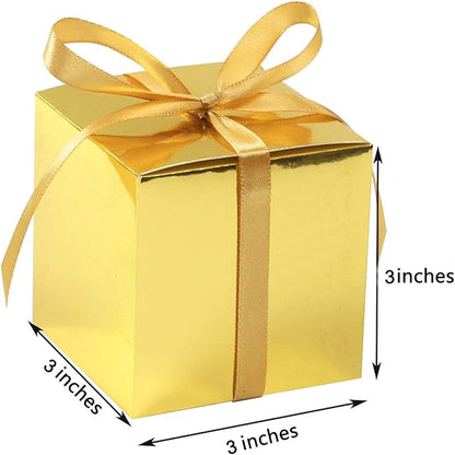 COTOPHER 100pcs Wedding Favor Boxes, Paper Gift Boxes 3x3x3 Inches Small Gift Boxes with Ribbons Small Boxes for Gifts, Crafting, Cupcake, Candy, Bridesmaid Proposal Boxes (Metallic Gold)