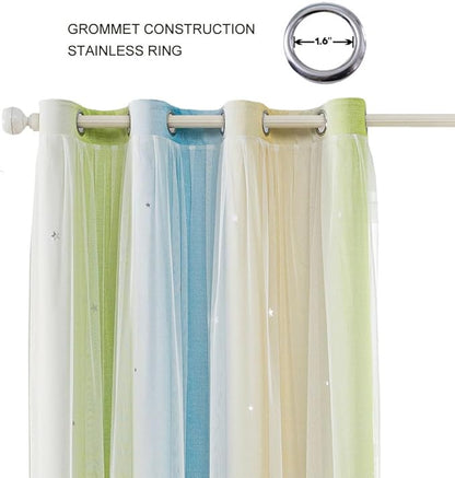 FANLI Ombre Rainbow Blackout Curtains for Kid Girls Bedroom Living Room Darking Stripe Double Layer Star Cut Out Wall Home Decor Gradient Grommet Window Curtains （Blue Green 52Wx84L）