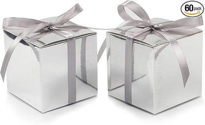 COTOPHER 60pcs Wedding Favor Boxes, Paper Gift Boxes 3x3x3 Inches Small Gift Boxes with Ribbons Small Boxes for Gifts, Crafting, Cupcake, Candy, Bridesmaid Proposal Boxes (Metallic Silver)
