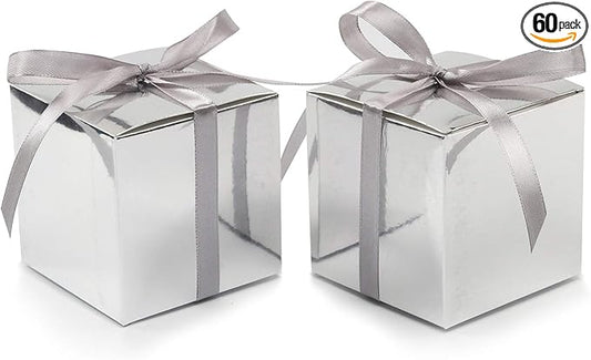 COTOPHER 60pcs Small Gift Boxes, Favor Boxes 2x2x2 inches Paper Gift Boxes with Ribbons Candy Box for Wedding Favors Baby Shower Bridal Shower Birthday Party (60 Metallic Silver)