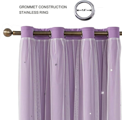 Ombre Rainbow Blackout Curtains for Kid Girls Bedroom Living Room Darking Stripe Double Layer Star Cut Out Wall Home Decor Gradient Grommet Window Curtains (Purple 63L)