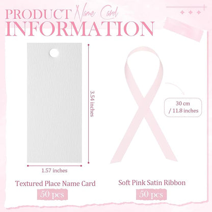 50 Pcs Name Place Cards for Table Setting Blank Wedding Place Cards with Satin Ribbon 1.57 x 3.54 Inch Hanging Gift Tags for Wedding Dinner Banquet Party Table Setting Supplies(Pink)