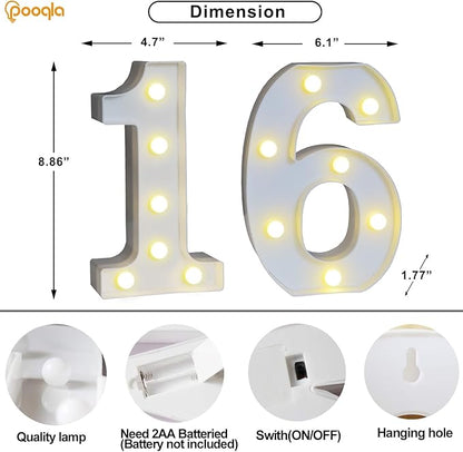 Pooqla Decorative Led Light Up Number Letters, White Plastic Marquee Number Lights Sign 16th Birthday Decorations for Girls Boys Party Wedding Decor Battery Operated Number (16)