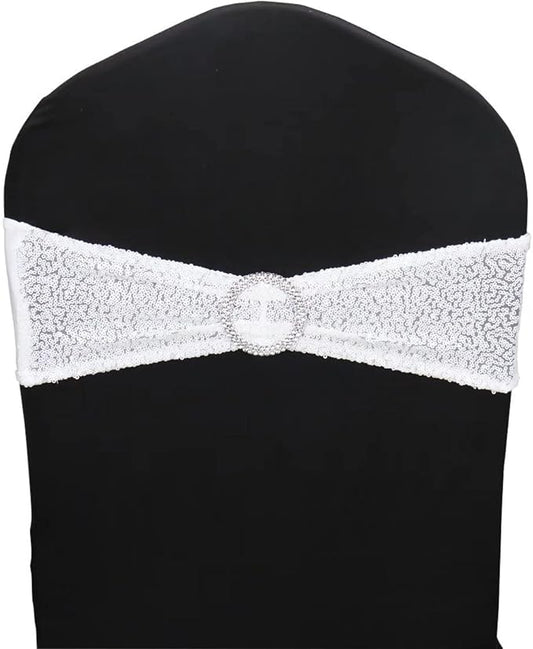 50 Pcs Chair Sashes Sequin Stretch Chair Bands Spandex Polyester Bows for Party Hotel Wedding Banquets Decoration - White