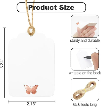 100Pcs Blank Gift Tags with String, Foil Rose Gold Butterfly Large Gift Tags with 65 Ft Jute Twine Cute Tags White Paper Gift Tag for Birthday Baby Shower Wedding Spring Summer Gift Wrap Tag