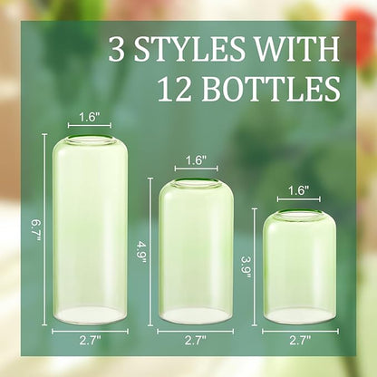 12Pcs Bud Vases Set, Glass Flower Vase for Centerpieces, Small Vases for Flowers, Decor Centerpiece for Bathroom, Decorative Vases for House Warming(Green)