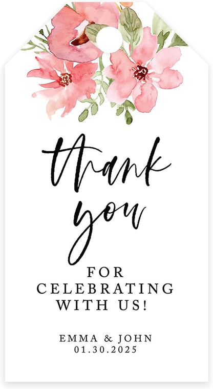 Andaz Press 100-Pack Personalized Thank You for Celebrating with Us Wedding Favor Tags with Bakers Twine Coral Watercolor Florals Custom Cardstock Wedding Gift Tags for Party Favors 2 x 3.75-Inches