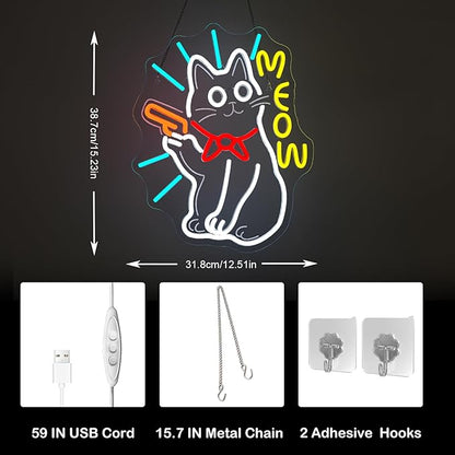 MEOW Cat Neon Sign, Cute LED Wall Light for Bedroom, Game Room, Bar, Cat Lovers Gift, USB Powered, Dimmable